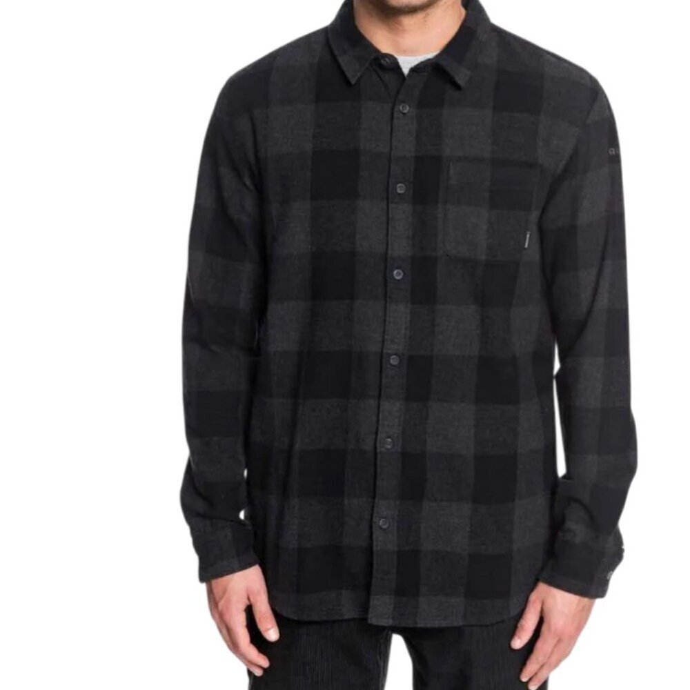QUIKSILVER Black Gray Plaid Motherfly Flannel Button Up Shirt Modern Fit m